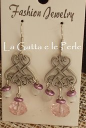 Orecchini chandelier con Mezzo Cristallo Rosa e Perle Occhi di Gatto
