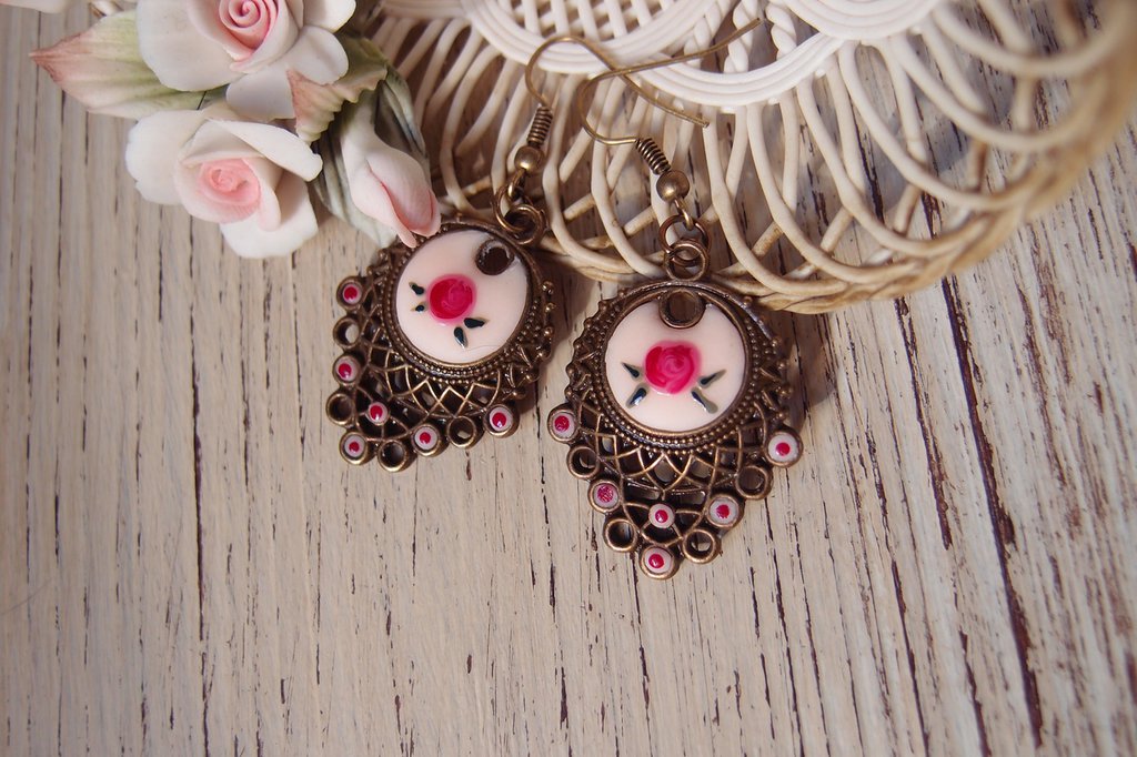 Orecchini Pendenti Antichi, Metallo Color Bronzo E & Marcasite - Foto 11