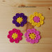 4 fiori ad uncinetto in giallo, viola, fucsia e rosa - decorazioni primavera - per feste e compleanni, applicazioni su accessori e abiti