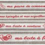 Nastrini con scritte rosse : Cucito - Forbici - Fili - Aghi - Spilli 