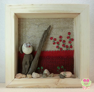 Pebble art - Decorazione camerette dei bambini - Owl wall art - Quadro 3d "Gufetto bianco tra le rose rosse" Pebble art - Decorazione camerette dei bambini - Owl wall art - Quadro 3d "Gufetto bianco tra le rose rosse"