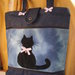 BORSA  SHOPPING GATTO NERO FATTA A MANO IN TESSUTO JEANS DENIM BLU IDEA REGALO PEZZO UNICO