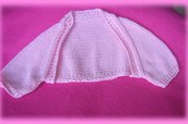 Completo composto da coprispalle rosa in filo e vestina con corpino rosa in filo e gonna bianca in cotone