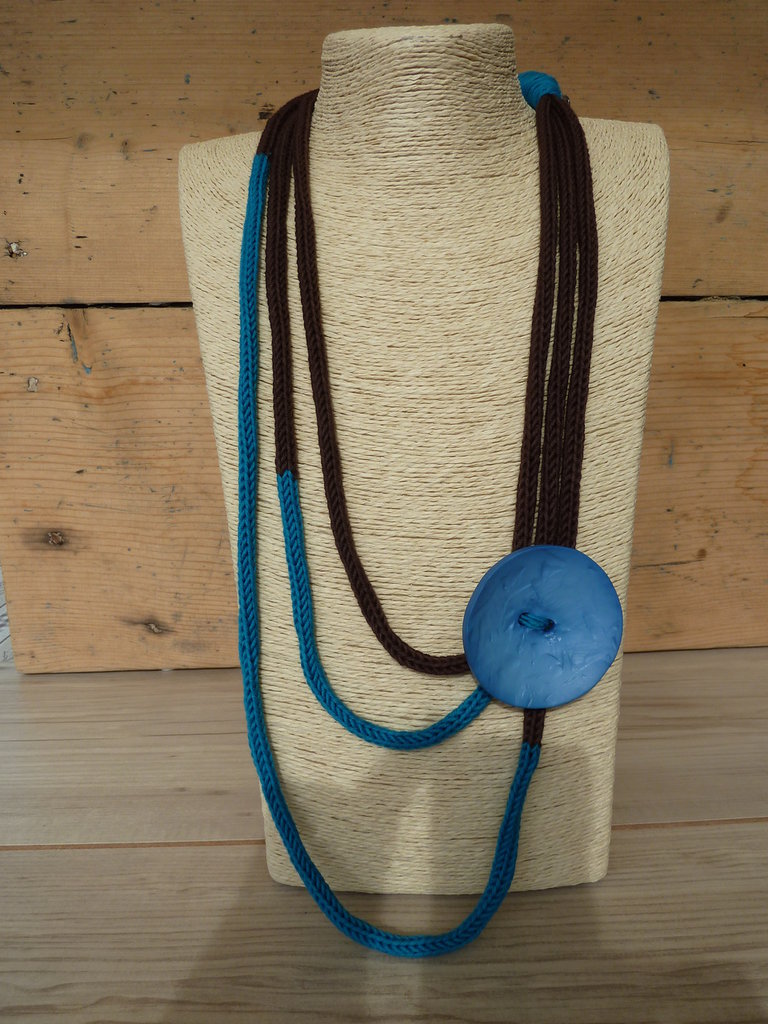 Collana Lunga In Corda Di Cotone E Legno Multicolore Con Perline E Bottone - Avalaya - Regolabile 80 Cm - 2