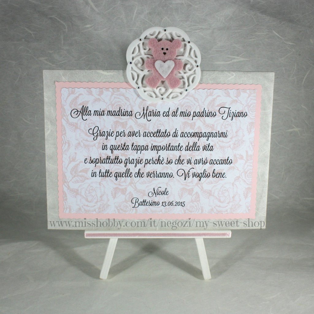 Targhetta con orsetto versione rosa - regalo bomboniera madrina