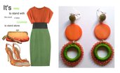 Orecchini "Green rolls" uncinetto verde con madre perla color arancio e agata
