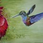 Uccelli del paradiso, colibrì, acquerello su carta preparata con lo sfondo acrilico, dipinto originale