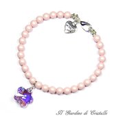 Bracciale con perle rosa pastello e fiore di cristallo Swarovski lilla fatto a mano – Gerbera