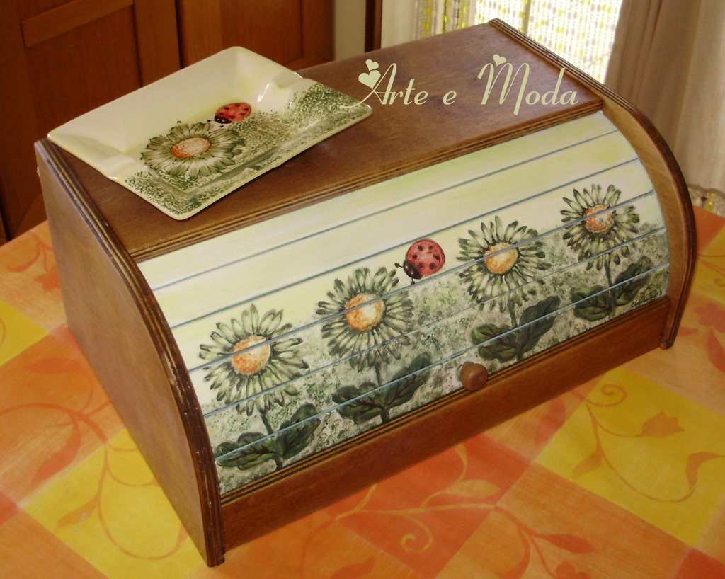 Portapane in legno bianco decorato con decoupage, portapane in legno,  portapane con rose, porta pane molto grande da cucina -  Italia