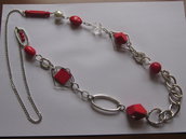 Collana lunga rossa con catena argentata