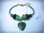 Bracciale in pelle intrecciata con murrina e perle a foro largo: Verde - HandMade
