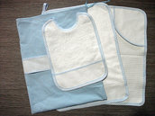 Set asilo 4 pezzi da ricamare tovaglietta bavaglino asciugamani sacca azzurro celeste