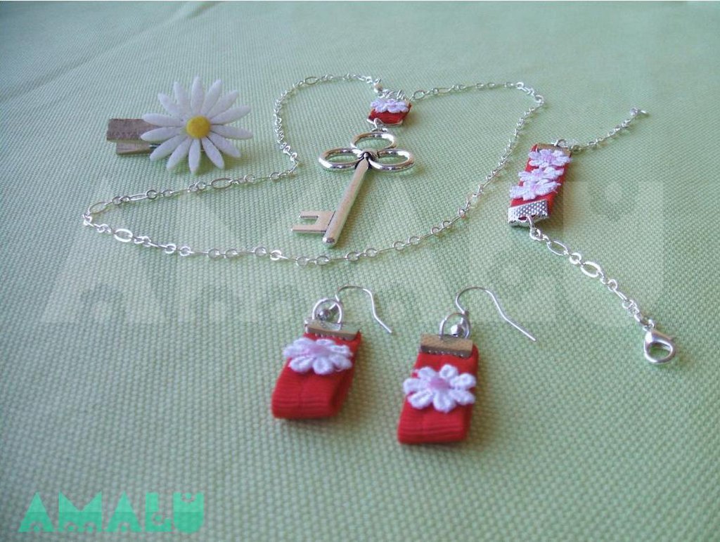 Set completo di collana, bracciale e orecchini in grogrè Rosso. - G
