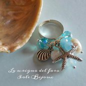 Anello regolabile Estate con stella marina, conchiglia, perle bianche e cristalli in azzurro