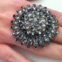 HANDMADE N8 - anello fiore cristalli neri vintage