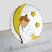 Targhetta con bimbo che dorme sulla luna  - regalo bomboniera madrina padrino Battesimo