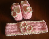 Completo scarpine e fascia per neonato rosa con fiorellini in tinta e perline