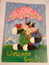 Quadretto con gatto sotto l'ombrello