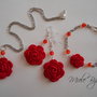 Orecchini, Collana e Bracciale Uncinetto, Parure Rose Rosse, Fatto a Mano