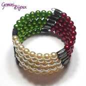Bracciale armonico con perle tonde, tricolore bianco rosso e verde