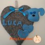 CUORE FIOCCO NASCITA VINTAGE CON CAGNOLINO AZZURRO E CUORICINI .