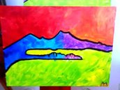 Quadro dipinto a mano su tela figurativo, Golfo di Napoli con colori stile pop