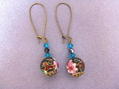 Japanese style dangle earrings with flower and Swarovski crystal