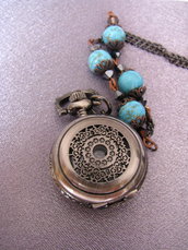 Filigree vintage watch locket necklace with turquoise stone and Swarovski big crystals