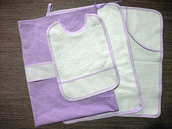 Set asilo 4 pezzi da ricamare tovaglietta bavaglino asciugamani sacca lilla