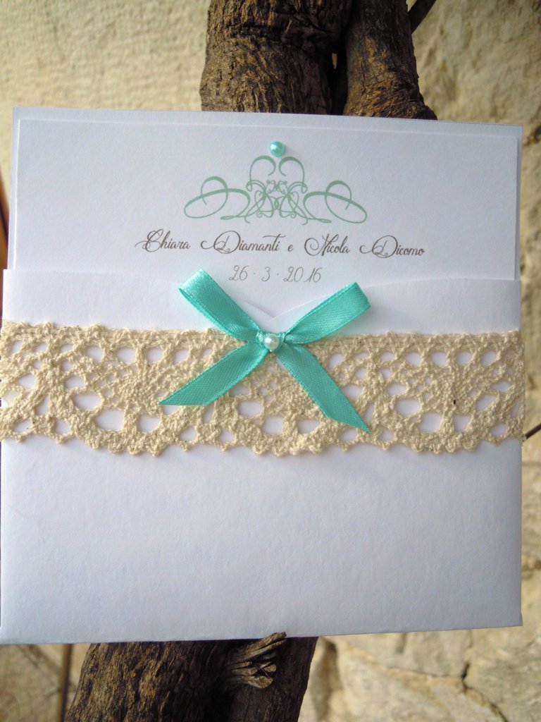 Partecipazioni Matrimonio Verde Tiffany.Partecipazione Romantica In Merletto Ecru Bigliettino Coordinato
