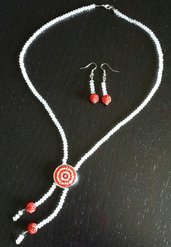 Collana perline bianche e pavè rosso con orecchini abbinati