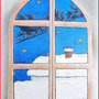 Lavagna con antine dalla finestra Babbo Natale vola sui tetti con la slitta realizzata e dipinta a mano
