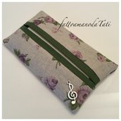 Porta fazzoletti di carta in cotone ecrù a roselline lilla con bordo verde