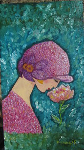 Quadro ad olio su legno , profilo di donna con fiore, tipo art deco, anni20/30