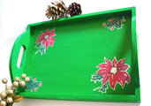 Vassoio di Natale in legno regalo di natale dipinto a mano in verde con motivo di stella di natale e vischio, pezzo unico 23x16x2 cm