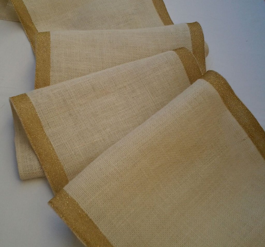 Runner Da Tavolo In Iuta Con Pizzo 36 Cm X 5 Metri, Naturale, Per Matrimoni E Battesimi