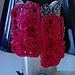Orecchini pendenti grandi ,rossi lavorati a mano con il crochet , con l'applicazione di fiori ( materiali di recupero ).