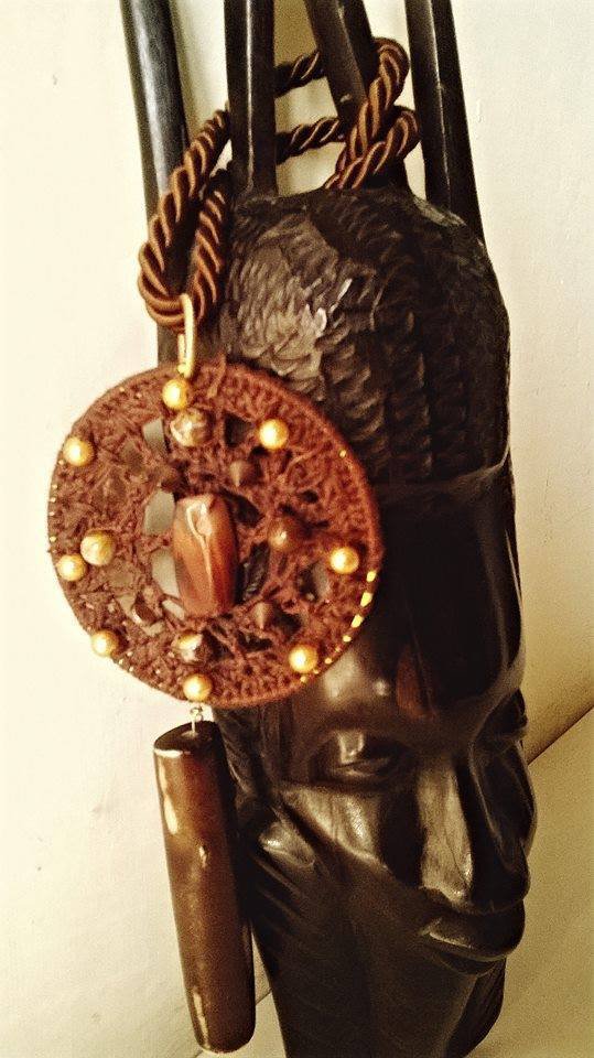 Collana Lunga In Legno E Corde Di Cotone - Ciondolo Doppio Cerchio 10 Cm, 80 Cm Regolabile, Marrone