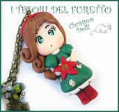 Collana Natale 2015 " Christmas Doll " Veronica abito verde stella Natale rosa fimo cernit premo idea regalo per lei donna ragazza bambina kawaii