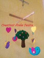 Giostrina per bambini con uccellini e albero in pannolenci fatto a mano