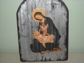 Icona, legno,découpage , doratura in foglia simil argento Vergine con Bambin Gesù