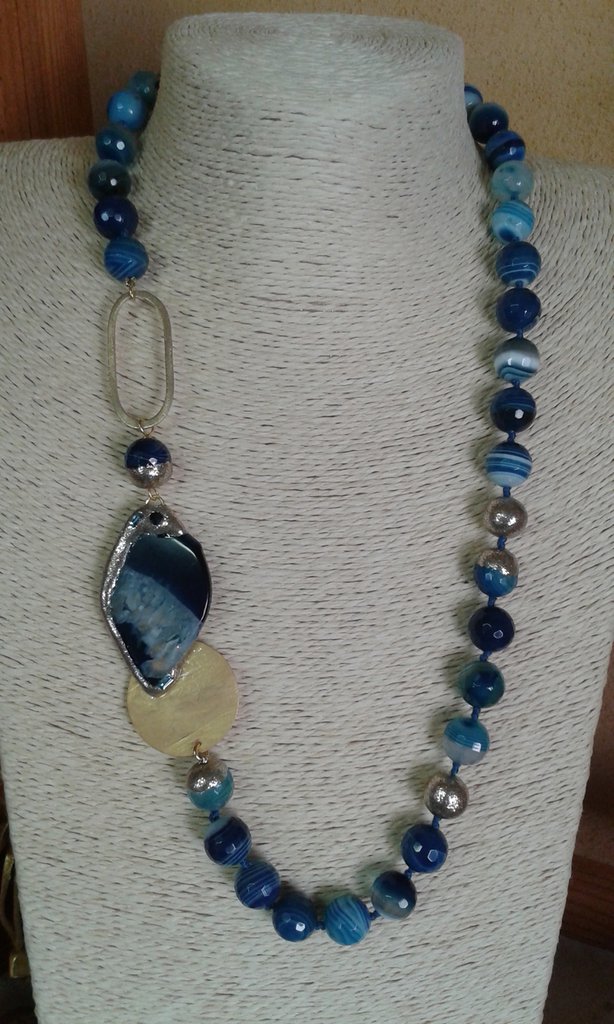 Collier En Agate Bleue Et Argent 925 - Intercalaires, Fermoir Argent, Fait En Italie, Samarcanda