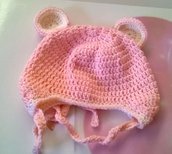 Cappellino Orsetto per neonati, azzurro o rosa fatto a mano, all'uncinetto, in pura lana vergine,