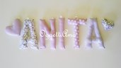 ANITA: una ghirlanda di lettere imbottite per comporre il suo nome in lilla a pois e fiori
