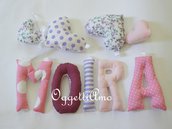 MOIRA: una ghirlanda di lettere di stoffa rosa e viola per decorare la sua cameretta