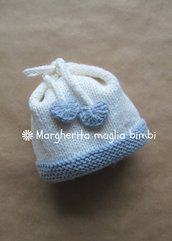 Cuffia, berretto, cappellino neonato con fiocco e cuoricini color blu ghiaccio