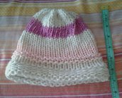 Cappello berretta lana alpaca fatto a mano rosa viola e bianco bambina 6-8 anni
