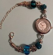 Bracciale orologio con perle a foro largo e pavè strass turchese