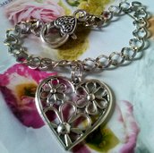 BRACCIALE METALLO CON GRANDE CUORE IN ARGENTO - CHIUSURA MOSCHETTONE - DONNA MAMMA