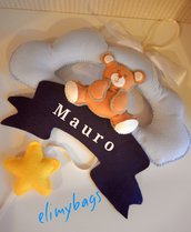 Fiocco nascita azzurro nuvoletta con orsetto e stellina♥